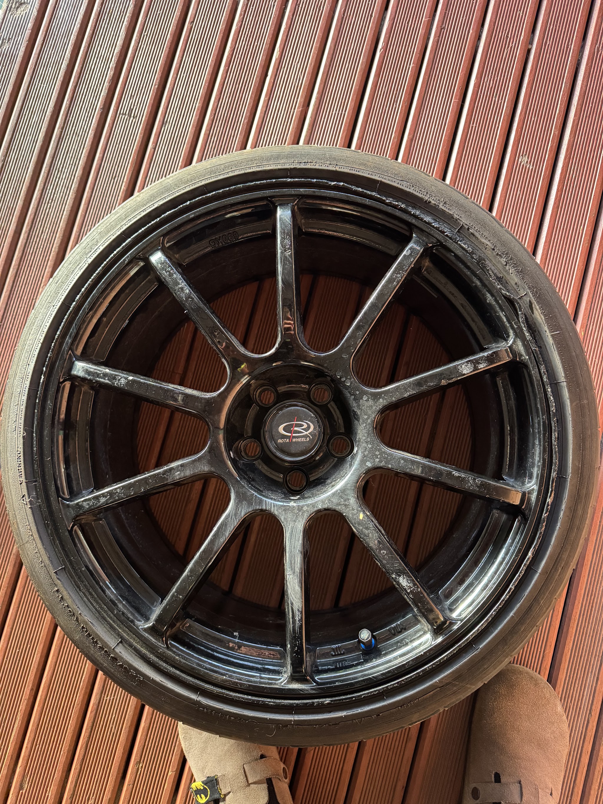 Repaired Rota alloy wheel with the tyre refitted, back with its owner